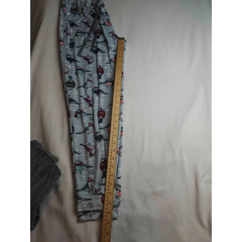 Cuddl Duds Pajama Set Womens Size PM Gray Blue Fleece Bird Print Winter Warm